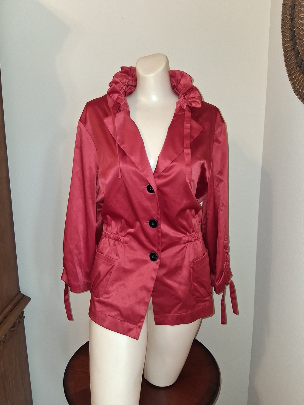 Women's Red Satin Blazer Jacket With Ruffeled Collar